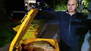 Miro Ribolovac vom Anglerverein und eine Tonne voll verendeter Fische Foto: Fotoagentur Stuttg/Andreas Rosar