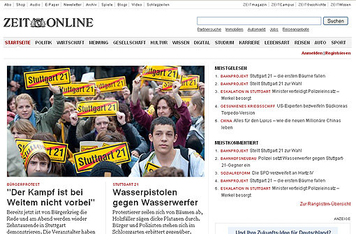 Die Presseschau zu S21: sueddeutsche.de, Zeit online, Welt online, Spiegel online, Bild.de, taz.de und Focus online Screenshot: StN