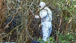 Ein Ermittler sichert  Spuren nach dem Brand einer Gartenhütte in Beutelsbach, in der ein Leichnam gefunden wurde. Foto: dpa