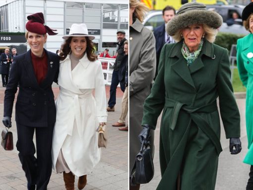Zara Tindall (l.), Prinzessin Eugenie und Königin Camilla beim Pferderennen in Cheltenham. Foto: imago/i Images / imago/Parsons Media