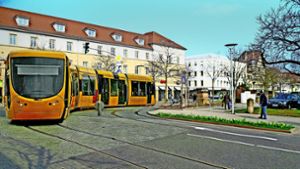 Eine Stadtbahn mit niedrigen Einstiegen, die über die Wilhelmstraße in Ludwigsburg rollt. Diese Vision soll bis 2030 umgesetzt sein. Foto: VCD Ludwigsburg