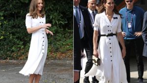 Ein Kleid, zwei Anlässe: Herzogin Kate trug dieses Hemdblusenkleid schon in Wimbledon (rechts) und jetzt bei einem Termin in Sheffield. Foto: Imago/Pool/Stephen Lock