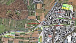 Auf diesem Luftbild sind drei der vier  Standort-Varianten für einen neuen Stadtbahnbetriebshof in Weilimdorf grafisch eingezeichnet. Das Foto: SSB