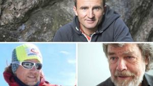 Extremkletterer: Ueli Steck (1976-2017, Bild oben), Andy Holzer, Reinhold Messner (rechts). Foto: dpa (2)/Daniel Kopp