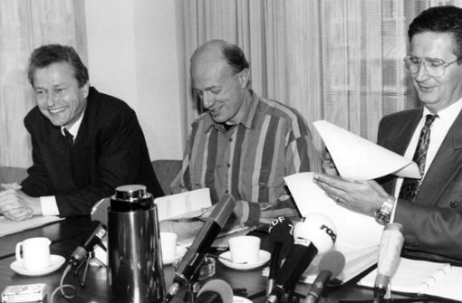 Da waren sie sich noch einig:  Claus Jäger (FDP), Ralf Fücks (Grüne) und Klaus Wedemeier (SPD), die 1991 in Bremen Koalitionspartner waren. Foto: dpa/DB Wagner
