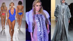 Knappe Bikinis, edle Kopftücher und ausgefallene Kreationen der Designer gibt es bei der New York Fashion Week zu sehen. Paris Hilton besucht die Show von The Blonds. Foto: AFP/Montage