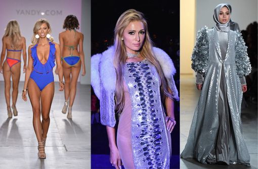 Knappe Bikinis, edle Kopftücher und ausgefallene Kreationen der Designer gibt es bei der New York Fashion Week zu sehen. Paris Hilton besucht die Show von The Blonds. Foto: AFP/Montage