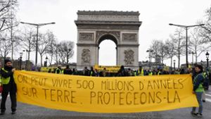 Manche Gelbwesten demonstrieren für den Umweltschutz. Auf dem Plakat steht: „Man kann 500 Millionen Jahre auf der Erde leben – wir müssen sie beschützen“ Foto: AFP