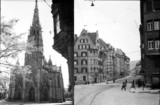 Die Johannesstraße beginnt an der Johanneskirche (links) und endet am Hölderlinplatz. Begleiten Sie uns auf dem virtuellen Spaziergang durch die Straße im Jahr 1942. Foto: Stadtarchiv /Collage: Plavec