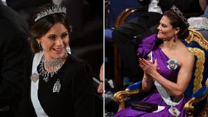 Viel Schmuck zu einem schlichten Kleid: Prinzessin Sofia (links). Ihre Schwägerin Victoria machte es andersherum und ließ ihre One-Shoulder-Robe glänzen. Foto: AFP/JONATHAN NACKSTRAND