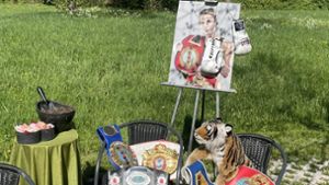 Am Baumgrab von Alesia Graf erinnern ein Porträt, ihre Boxhandschuhe, Auszeichnungen und ein Plüschtiger an eine außergewöhnliche Sportlerin. Foto: /ubo