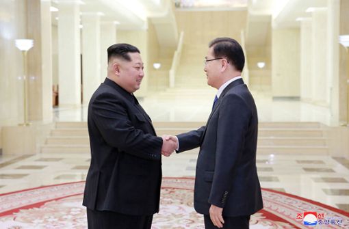 Kim Jong Un (links) empfängt Chung Eui Yong, den südkoreanischen Sicherheitsberater in Pjöngjang. Foto: dpa
