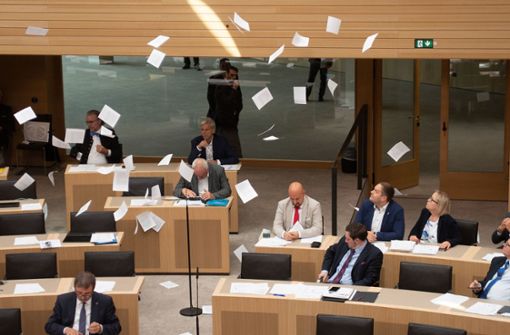 Flugblätter fliegen auf die Abgeordneten im Landtag herab. Foto: dpa