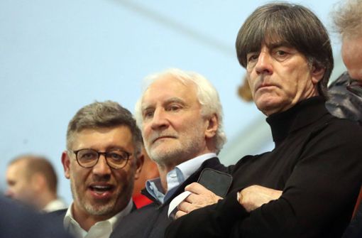 Der langjährige Bundestrainer Joachim Löw  (rechts, neben dem heutigen DFB-Sportdirektor Rudi Völler) ist Mitglied des Kuratoriums, VfB-Präsident Claus Vogt (links) sitzt im Stiftungsrat. Foto: imago/Sportfoto Rudel
