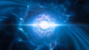 Diese künstlerische Darstellung zeigt die Explosion zweier verschmelzender Neutronensterne. Astronomen hatten erstmals im Februar 2016 Gravitationswellen von der Kollision zweier Neutronensterne aufgezeichnet. Foto: ESO/L. Calçada/M. Kornmesser/dpa
