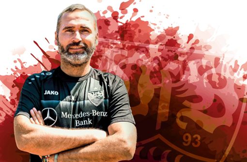 Tim Walter steht vor seiner Pflichtspiel-Premiere als Trainer des VfB Stuttgart. Foto: dpa/Christoph SchmidtIllustration: Ruckaberle