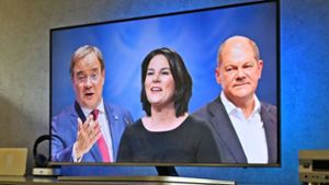Diese drei Kandidaten waren am Sonntagabend beim TV-Triell zu sehen: von links: Armin Laschet, Annalena Baerbock und Olaf Scholz. (Archivbild) Foto:  