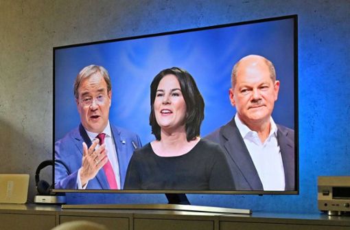 Diese drei Kandidaten waren am Sonntagabend beim TV-Triell zu sehen: von links: Armin Laschet, Annalena Baerbock und Olaf Scholz. (Archivbild) Foto:  