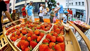 Alles auf Erdbeere – die süße Frucht und die Händler stehen im Mittelpunkt beim alljährlichen Fest in der Esslinger Innenstadt. Foto: Horst Rudel