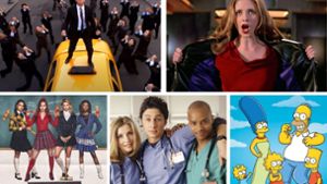 Die Serien „How I Met Your Mother“, „Buffy“, „Simpsons“, „Scrubs“ und „Riverdale“ (von links oben im Uhrzeigersinn) zählen zu den Serien, von denen es Musicalepisoden gibt. Foto: NBC, ABC, Warner,