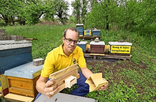 Harald Einsle, der Umwegkanal und die verbundenen Bienenkästen. Foto: factum/Weise