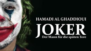 Sieht aus wie das Plakat zum  Film „Joker“, ist aber    eine Kopie –  und  Hamadi  Al Ghaddioui vom  VfB Stuttgart ist auch kein  Bösewicht,  sondern einer von den Guten. Foto: VfB Stuttgart, Montage Sebastian Ruckaberle