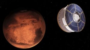 Die von der Nasa zur Verfügung gestellte Illustration zeigt die Raumsonde Mars 2020, die den Nasa-Rover „Perseverance“ transportiert, bei der Annäherung an den Mars. Foto: Nasa/JPL-Caltech/AP/dpa