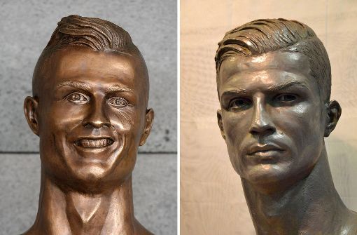 Nach der leicht verunglückten Büste am Flughafen Madeira (links) widmet Real Madrid seinem Superstar Cristiano Ronaldo eine neue Skulptur. Foto: Atlantico Press via ZUMA Wire