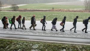 Flüchtlinge gehen Ende November 2015 an der deutsch-österreichischen Grenze nahe Wegscheid (Bayern) während eines Schneeschauers nach Deutschland. Foto: dpa