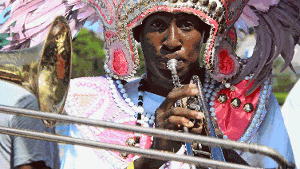Hauptsache, Rosa: Auch beim Kostüm und dem Kopfschmuck dieses Musikers dominieren die Farben Rosa, Rosé und Pink. Foto: Schumacher