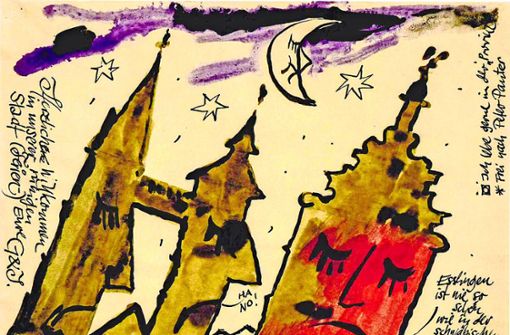 Die Silhouette Esslingens, dargestellt als schwäbische Bruddler. Der Maler Georg Koschinski hatte in seinen Karikaturen einen ausgesprochen treffsicheren Humor. Foto: Stolte