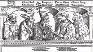 Martin Luthers Gegner auf einem satirischen Flugblatt von Luthers Anhängern: Ganz rechts wird Doctor Lemp als Hund dargestellt. Foto: Unbekannt, um 1521, Sammlung Bestände des Germanischen Nationalmuseums