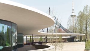 Der von Martin Bez und Thorsten Kock geplante Pavillon im Mannheimer Luisenpark für die Bundesgartenschau 2023. Der Fernmeldeturm in Hintergrund wurde für die Bundesgartenschau 1975 gebaut. Foto: Brigida Gonzalez/Brigida Gonzalez
