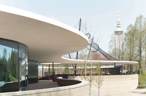 Der von Martin Bez und Thorsten Kock geplante Pavillon im Mannheimer Luisenpark für die Bundesgartenschau 2023. Der Fernmeldeturm in Hintergrund wurde für die Bundesgartenschau 1975 gebaut. Foto: Brigida Gonzalez/Brigida Gonzalez