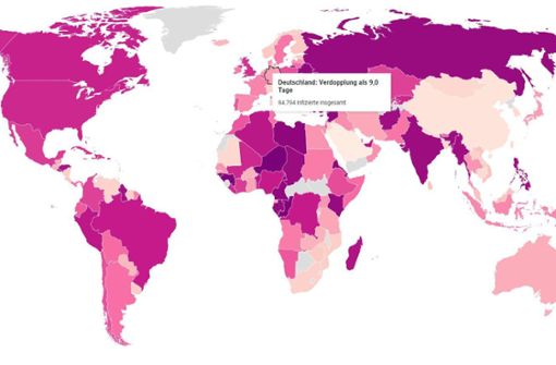 Unsere Weltkarte zeigt die Ausbreitungsgeschwindigkeit des Coronavirus Foto: Datawrapper / Screenshot