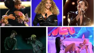 Szenen von der Grammy-Awards-Show: Taylor Swift, Beyoncé und Harry Styles (oben von links), Megan Thee Stallion und Cardi B (unten rechts), Billie Eilish und Finneas O’Connell (unten links). Foto: AFP/Kevin Winter