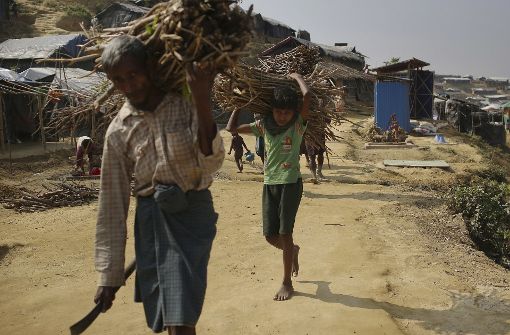 Zwei Rohingya transportieren Feuerholz in einem Flüchtlingslager in Bangladesch. Foto: AP