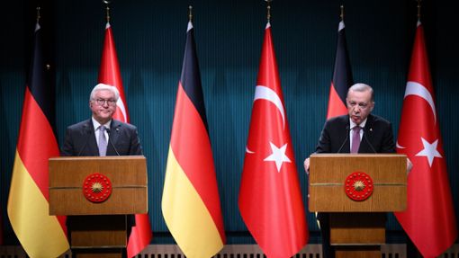 Bundespräsident Frank-Walter Steinmeier (l) und der türkische Präsident Recep Tayyip Erdogan äußern sich bei einer Pressekonferenz nach ihrem Gespräch im Präsidialpalast. Foto: Bernd von Jutrczenka/dpa