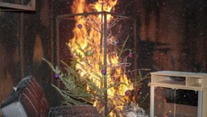 Wie schnell brennt ein Weihnachtsbaum? Eine Test-Vorführung durch die Feuerwehr zeigt: sehr schnell. Foto: factum/Jürgen Bach
