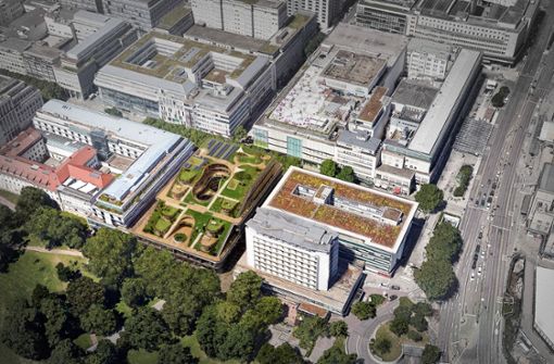 Die Königstraße 1 C erhält ein grünes Dach, das  hoch aufragende Schlossgartenhotel eine neue Fassade. Foto: Oliv GmbH Thomas Sutor Architekt