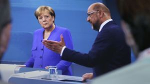 Rund 16 Millionen Zuschauer verfolgten am Sonntagabend das Aufeinandertreffen von Angela Merkel und Martin Schulz im TV-Duell von ARD, ZDF, Sat.1 Foto: AP