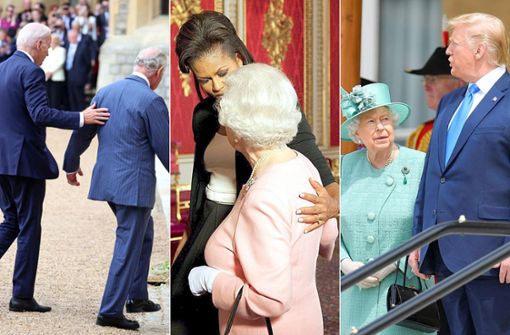Hand drauf (von links): Joe Biden mit König Charles III. und Queen Elizabeth II. mit Michelle Obama und Donald Trump. Foto: dpa/AFP/Melville/Jackson