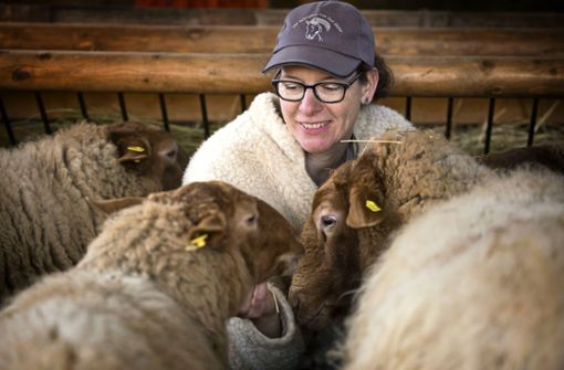 Christine Brencher im Stettener Schafstall: Die Schäferin ist gelernte Landwirtin und liebt den Umgang mit Tieren. Foto: Gottfried Stoppel