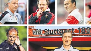 Die VfB-Trainerrochaden: Von Jürgen Kramny über Alexander Zorniger, Huub Stevens und Armin Veh (obere Reihe, v. li.) bis zu Jos Luhukay (li.) und aktuell zu Hannes Wolf Foto:  
