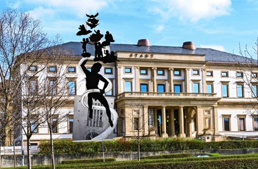 In der Montage steht das Denkmal schon vor dem Stadtpalais. Foto: Joachim E. Roettgers/Graffiti/Peter Lenk