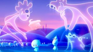 Große Animationskunst: Joe Gardner (mit Brille) im Garten der jungen Seelen mit 22 (Mitte), Jerry (rosa) und Terry (blau) Foto: /Pixar/Disney