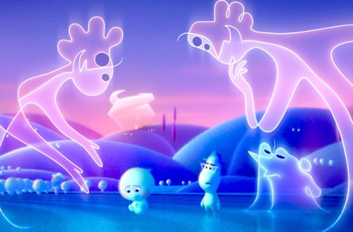 Große Animationskunst: Joe Gardner (mit Brille) im Garten der jungen Seelen mit 22 (Mitte), Jerry (rosa) und Terry (blau) Foto: /Pixar/Disney