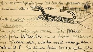 „Neckarbrücke gesprengt. Zu Fuß kann man rüber“: Zu manchen Tagebucheinträgen – hier vom 30. April 1945 – fertigte Günter kleine Zeichnungen an. Foto: Stadtarchiv Ludwigsburg