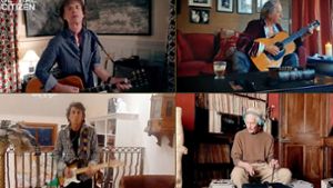 Mick Jagger, Keith Richards, Charlie Watts und Ron Wood spielen getrennt und doch gemeinsam „You Can’t Always Get What You Want“. Foto: dpa/Olivier Douliery