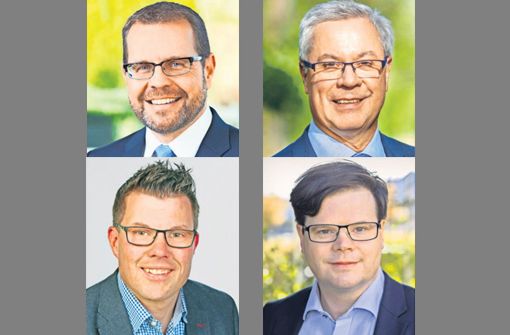 Der CDU-Gemeinderat Oliver Knur (oben links) liegt bei der Bürgermeisterwahl nach dem ersten Wahlgang vorne. Auf Platz zwei landete der Stuttgarter Eberhard Keller (SPD), (unten rechts). Roland Schmelzle (oben rechts) liegt auf Rang drei und Sacha Auwärter (unten links) auf Platz vier. Foto: privat